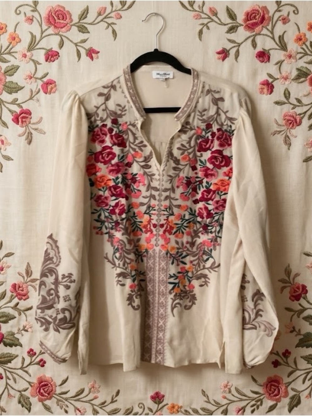 Angel Heart Floral Embroidered Long Sleeve Tunic Blouse Top